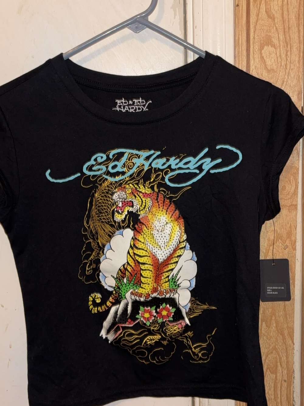 Ed Hardy Black Tee with Multicolor Tiger Graphic